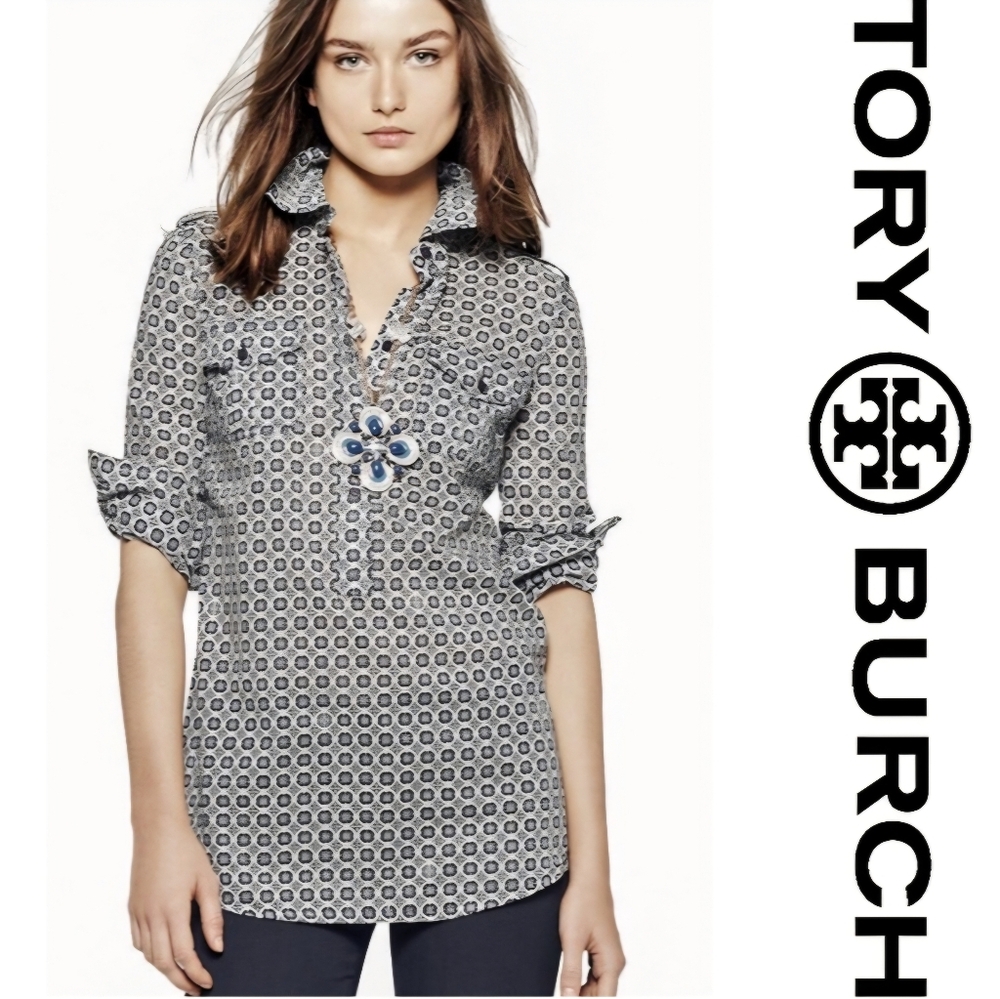 Tory Burch Brigitte Navy+White Button Down Nautical Beachy Vacation Shirt Tunic